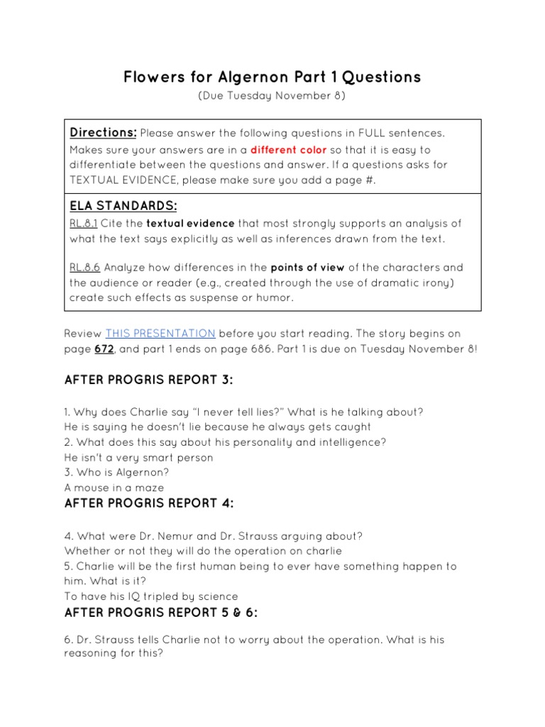 Flowers For Algernon Part 1 Questions Directions PDF