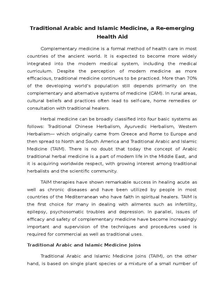 ''Traditional Arabic and Islamic Medicine'' Alternative Medicine