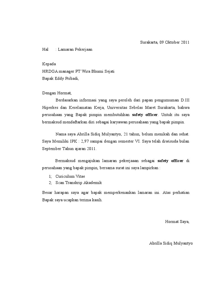 Surat Lamaran - PT. Wira Bhumi Sejati Kontraktor | PDF