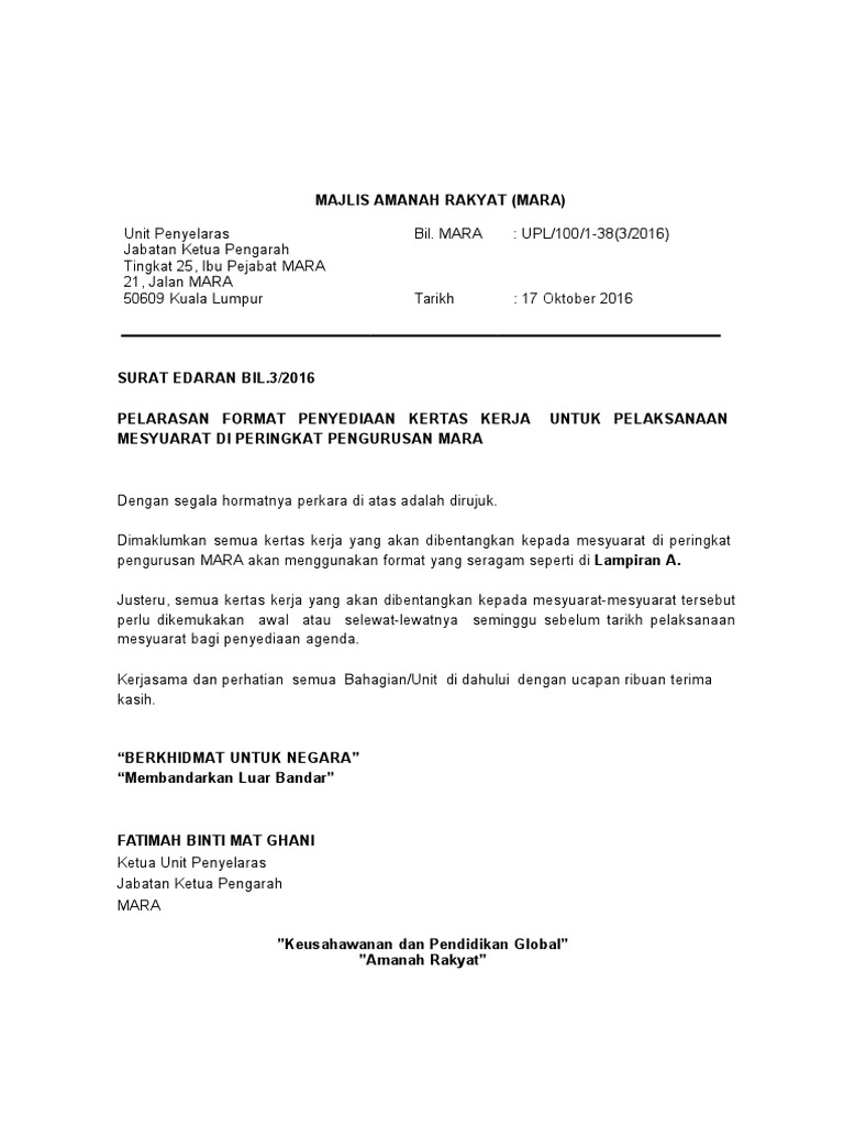 Surat Edaran Unit Penyelaras MARA Bil. 3-2016 (Format Kertas Kerja ...