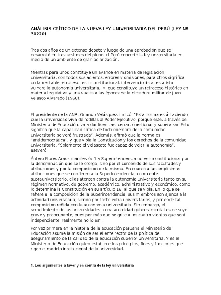 Análisis Crítico de La Nueva Ley Universitaria Del Perú PDF