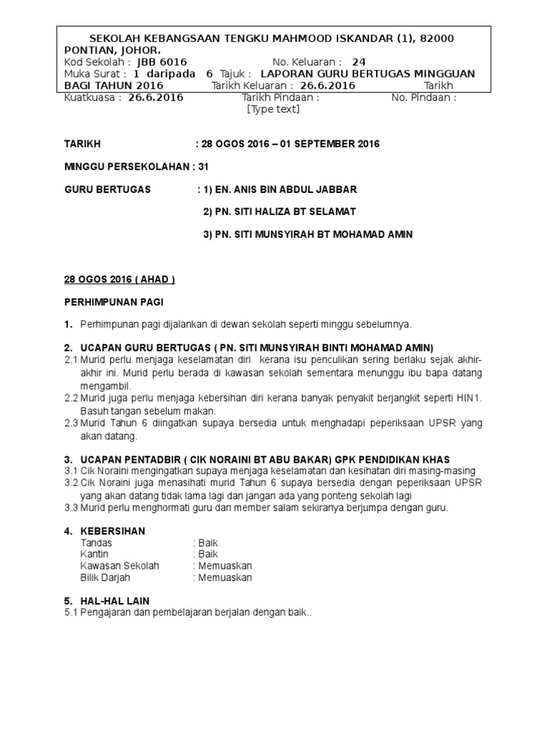 Laporan Guru Bertugas 31 Pdf