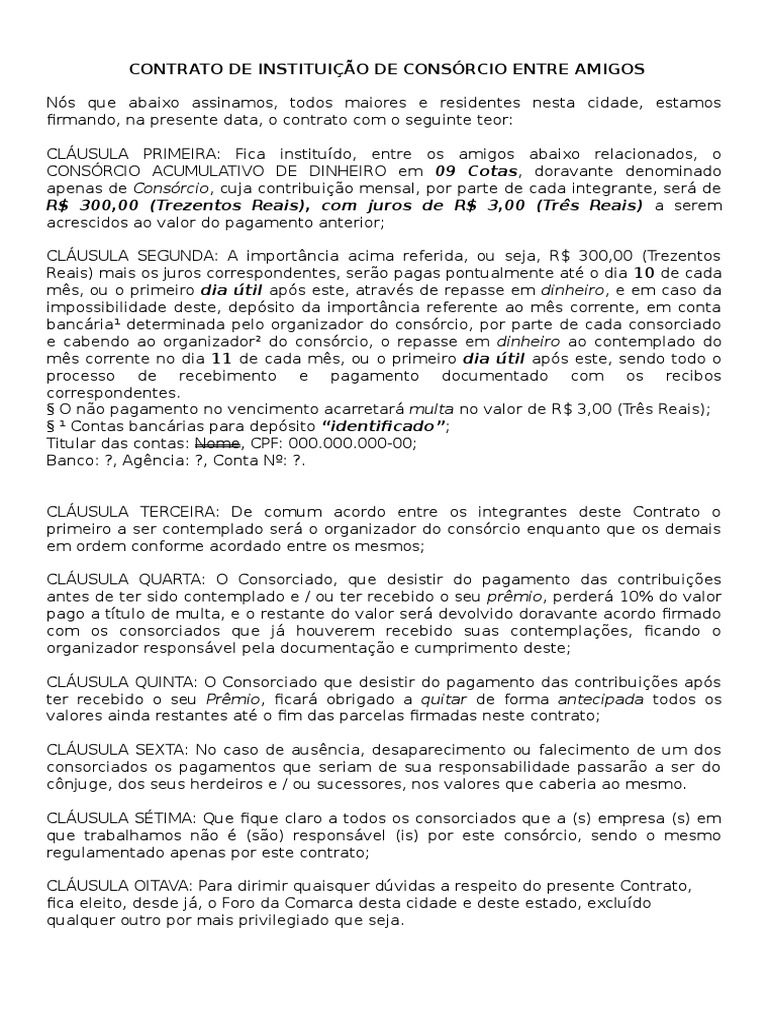 Contrato de Instituição de Consórcio Entre Amigos - Modelo