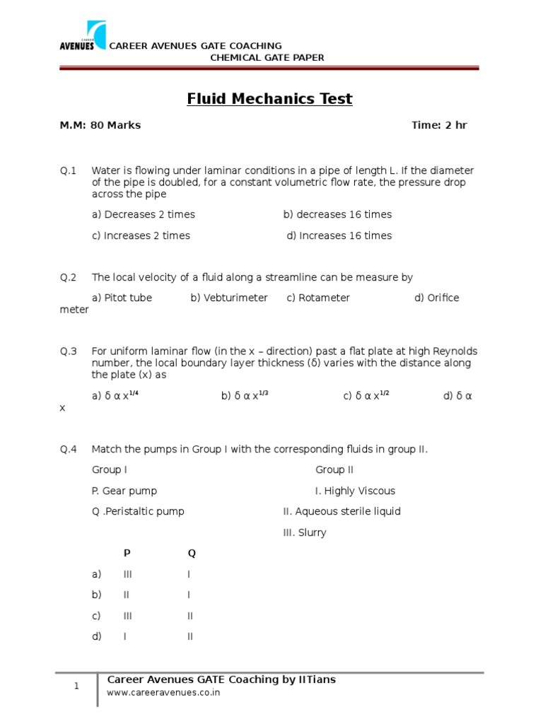 Fluid Mechanics Test | PDF | Fluid Dynamics | Reynolds Number