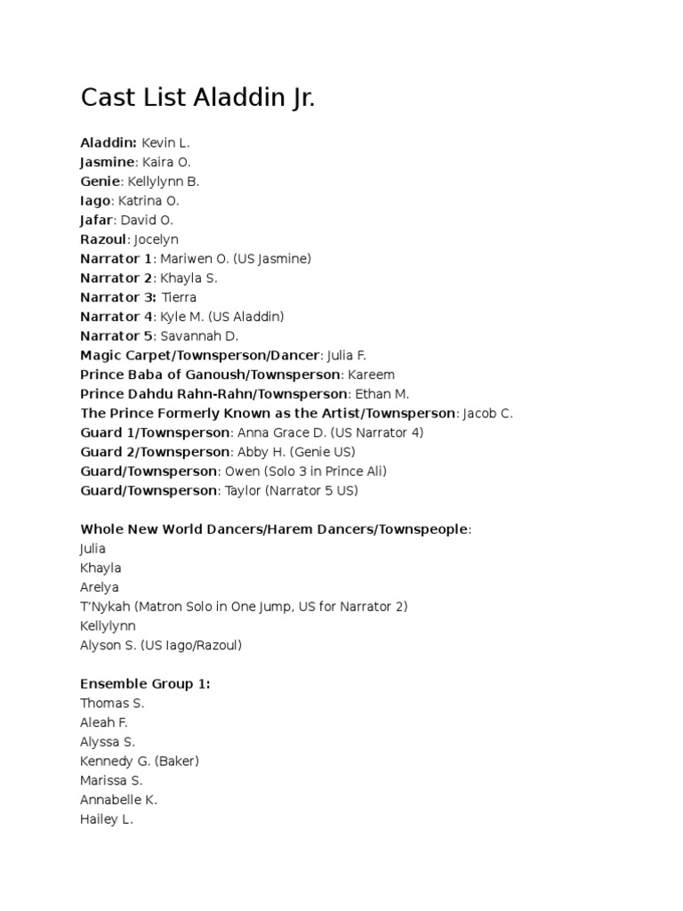 Aladdin Jr. Cast List Breakdown | PDF