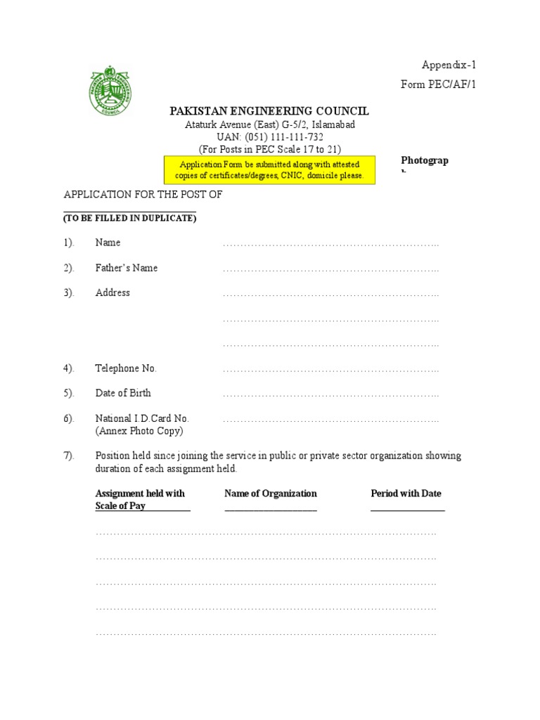 Pakistan Engineering Council: Appendix-1 Form PEC/AF/1 | PDF | Science ...