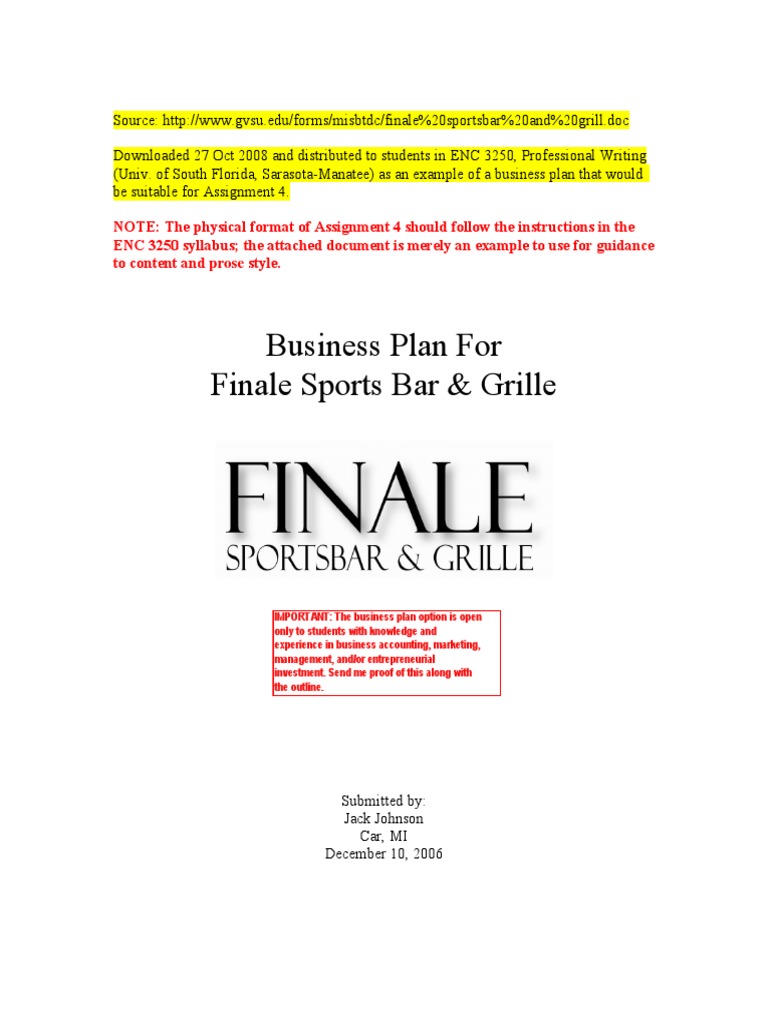 Sports Bar Business Plan PDF Restaurants Waiting Staff