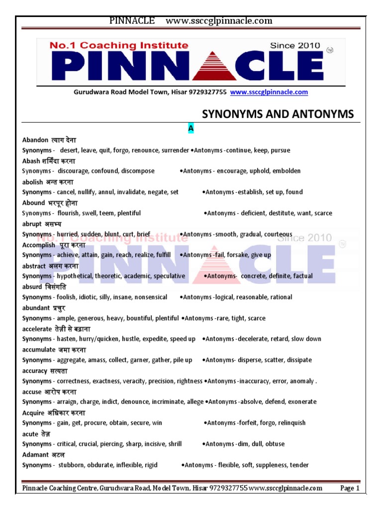 Synonyms and Antonyms | PDF
