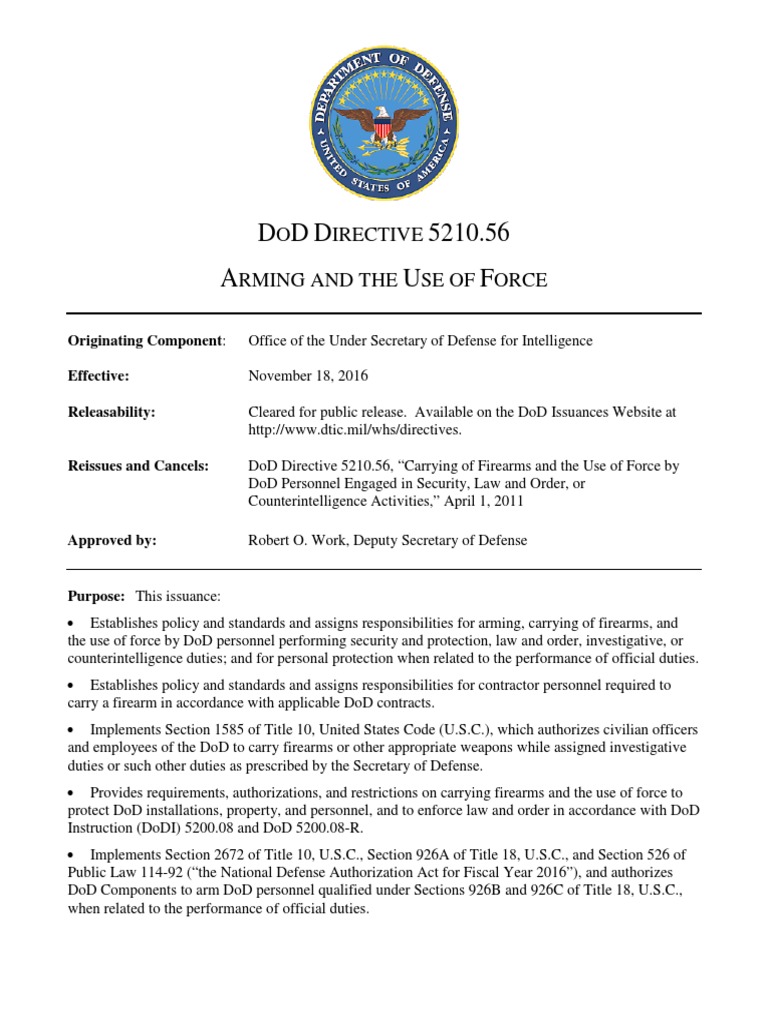 DOD directive Arming and the use of force Deadly Force United
