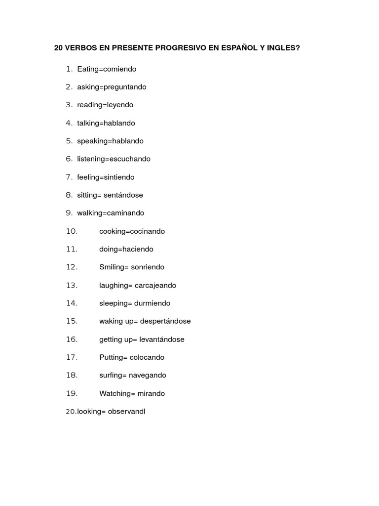 20 Verbos en Presente Progresivo en Español y Ingles | PDF