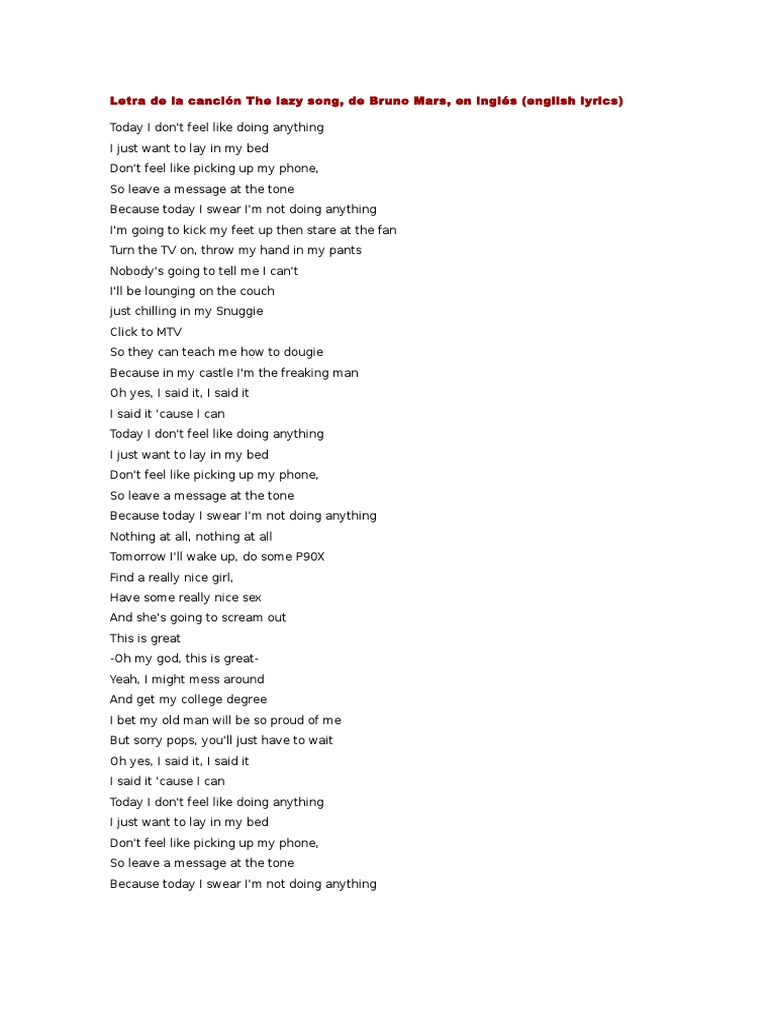 Bruno Mars The Lazy Song Recorded Music Songs
