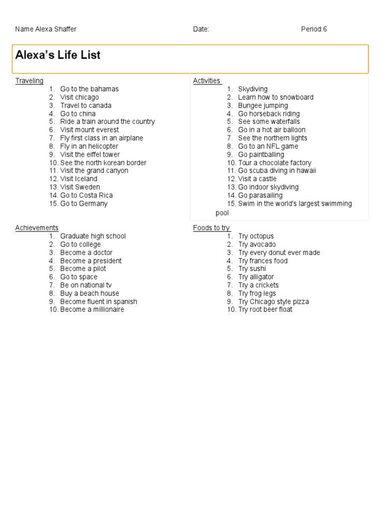 Lifelisttemplate Alexandriashaffer | PDF | Travel | Young Adult