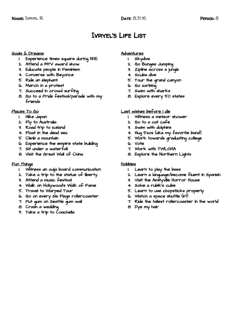 Ivryel R.'s Ultimate Life Goals List | PDF