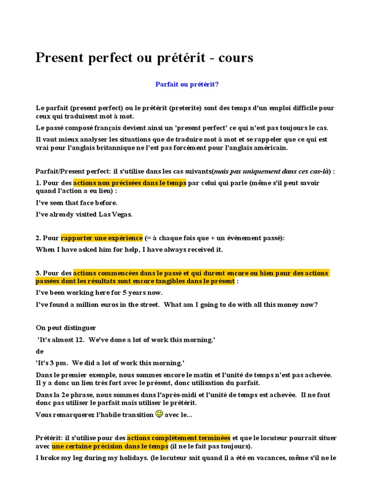 Exemple De Phrase Au Present Perfect Cours D'anglais Preterit Et Present Perfect | PDF | Règles | Onomastique