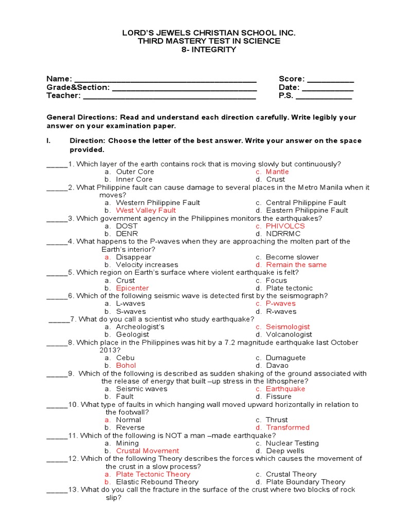Sample Exam in Science 8 Earthquakes Fault (Geology)