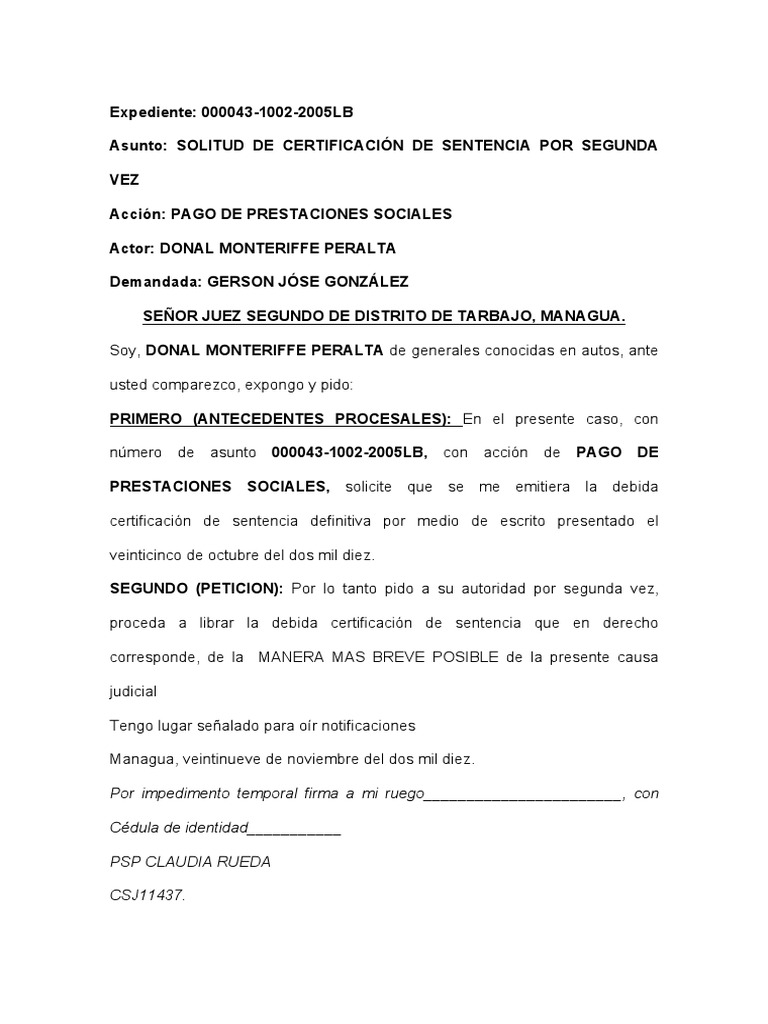Solicitud de Certificacion de Sentencia PDF | PDF