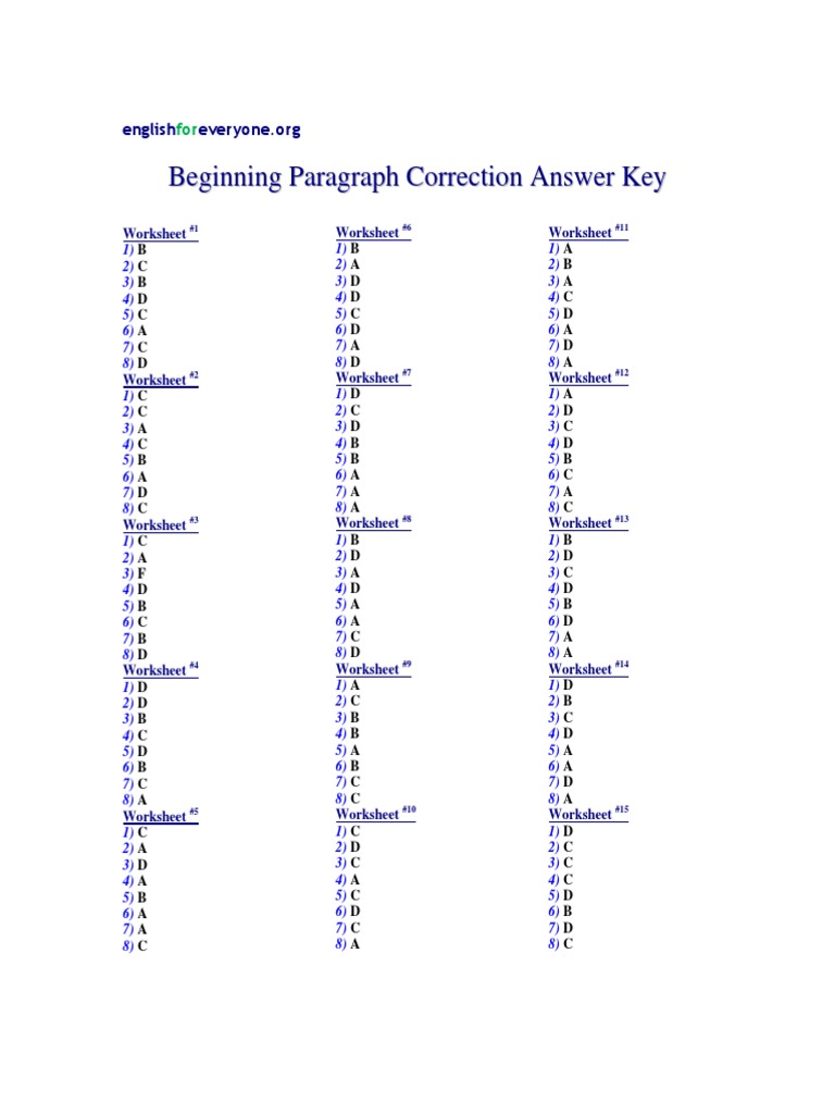 Beginning Paragraph Correction Answer Key