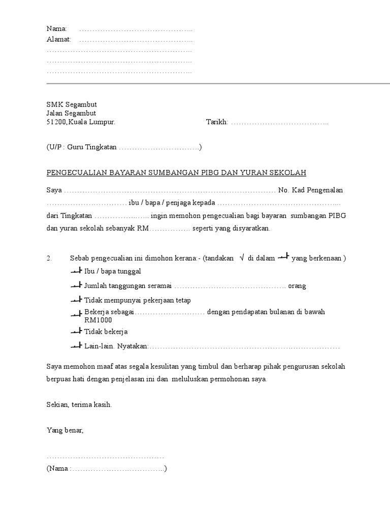 Borang Surat Pengecualian Bayaran Yuran Sekolah Pdf
