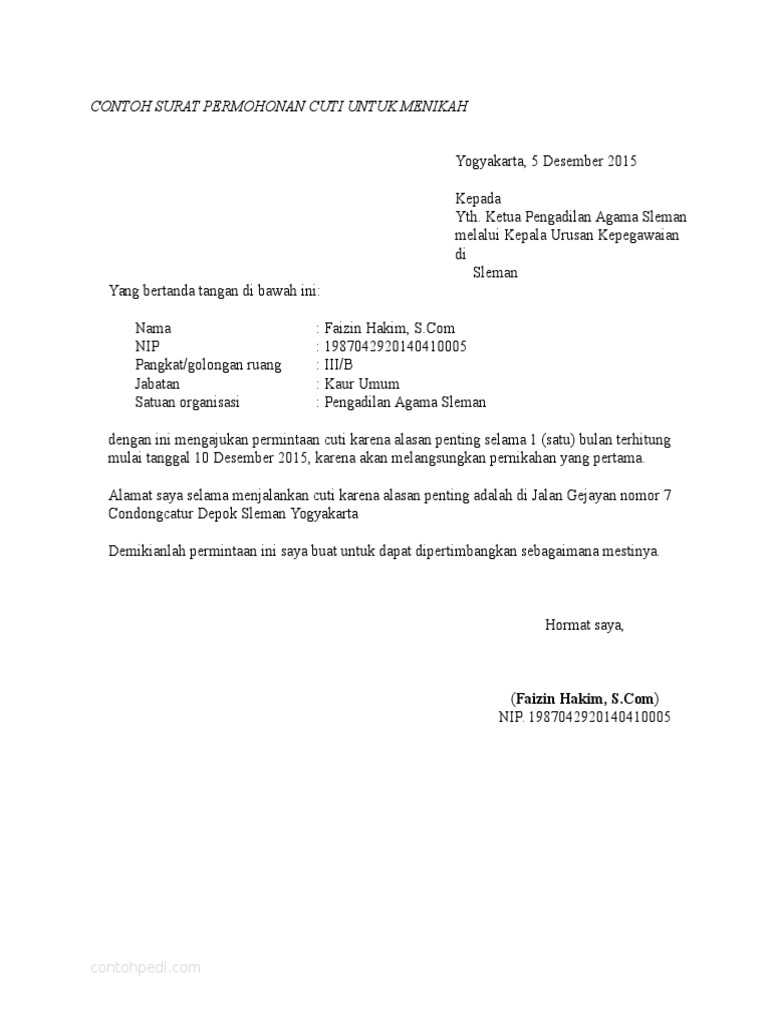 Contoh Surat Permohonan Cuti Pns PDF