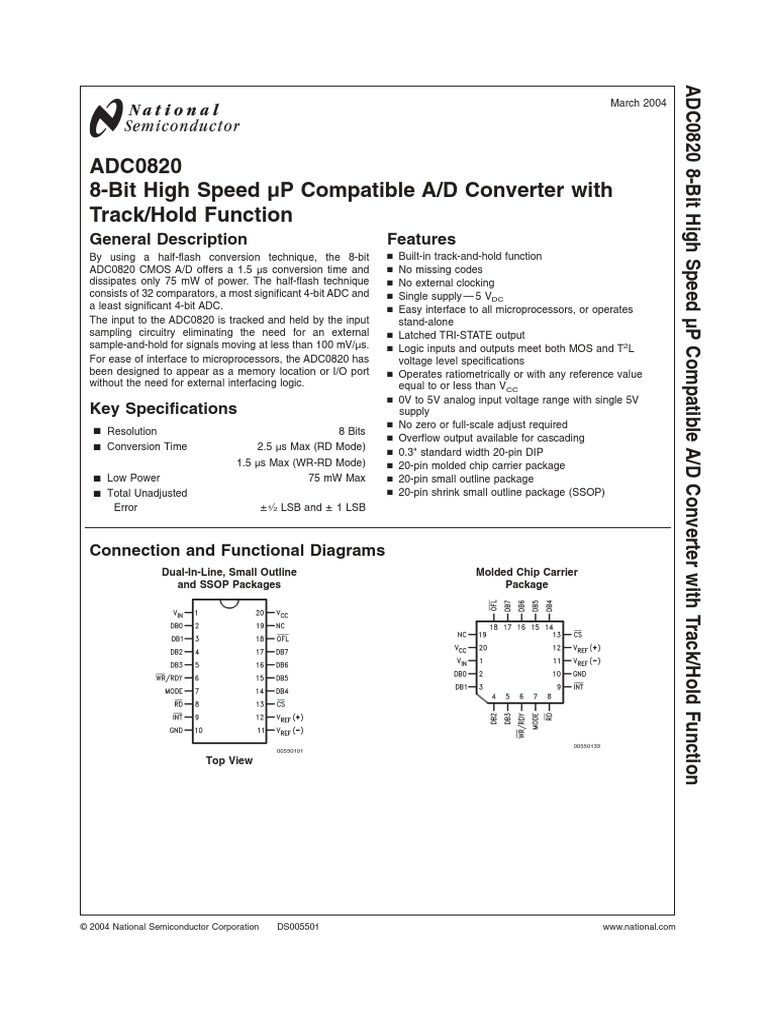 ADC0820 8Bit High Speed P Compatible A/D Converter With Track/Hold Function PDF Analog To