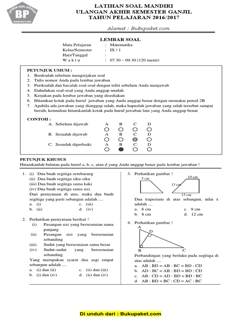  Latihan  Soal  UAS Matematika  Kelas 9 Semester ganjil pdf