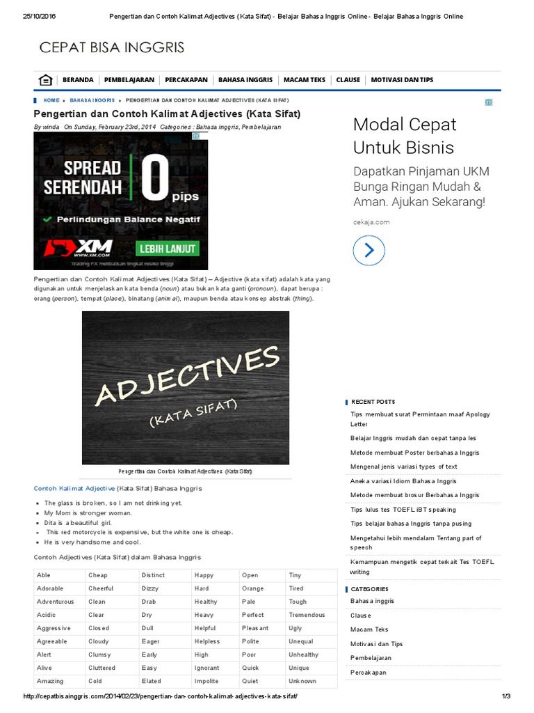 Pengertian Dan Contoh Kalimat Adjectives (Kata Sifat) - Belajar Bahasa