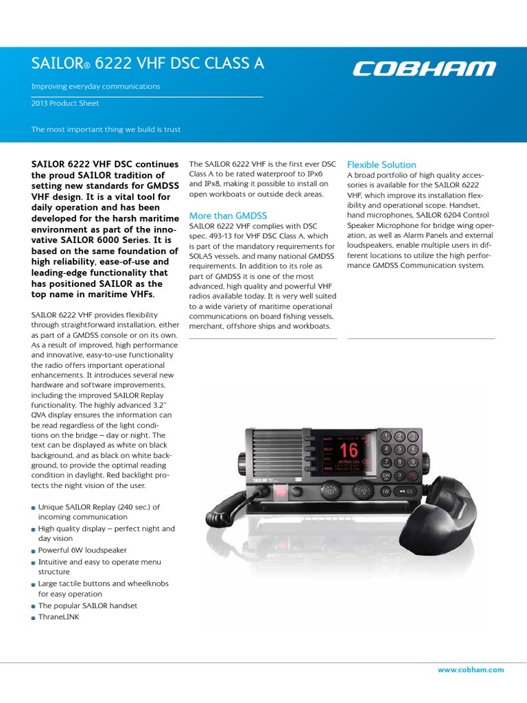 Sailor 6222 VHF DSC Class A Product Sheet PDF Loudspeaker Broadcasting