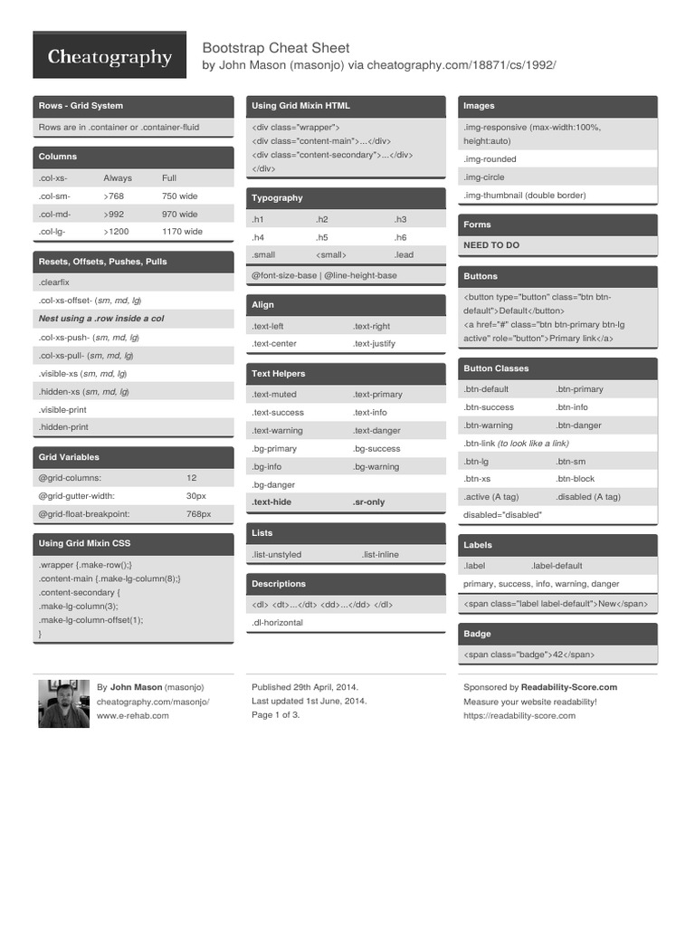 Bootstrap Cheat Sheet: by Via | PDF | Computing | Computer Programming