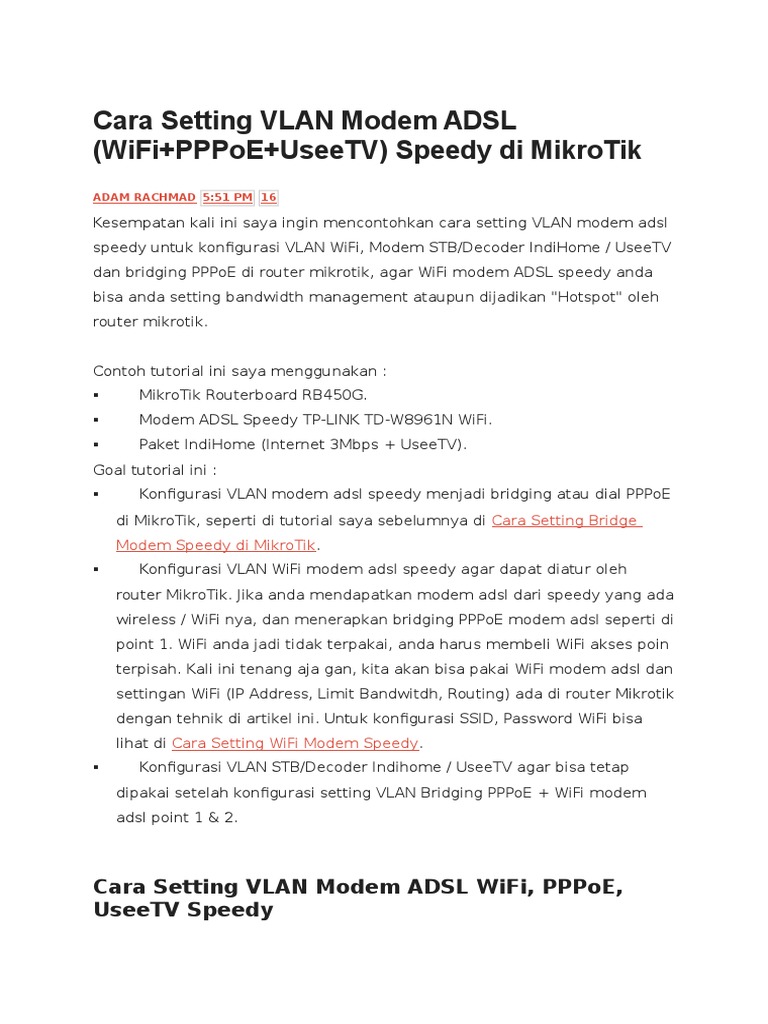 Setting VLAN Modem ADSL di MikroTik | PDF