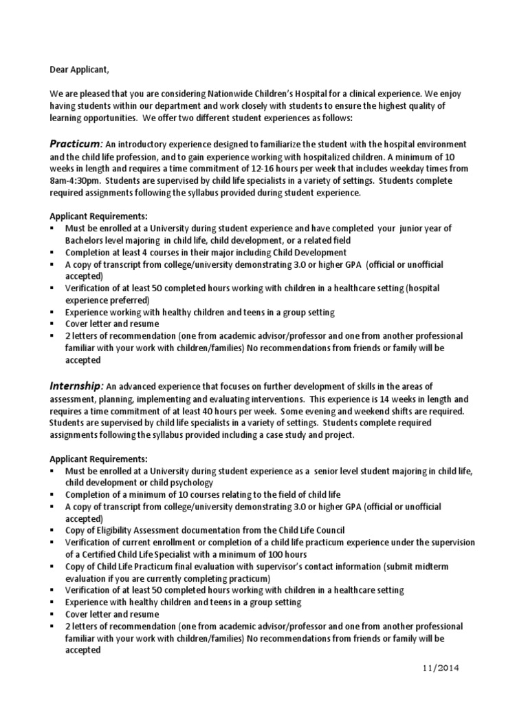 Child Life Internship Cover Letter Internship Job Hunting