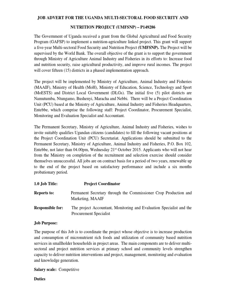 Job Advert For The Uganda Multi Sectoral Food Security & Nutrition