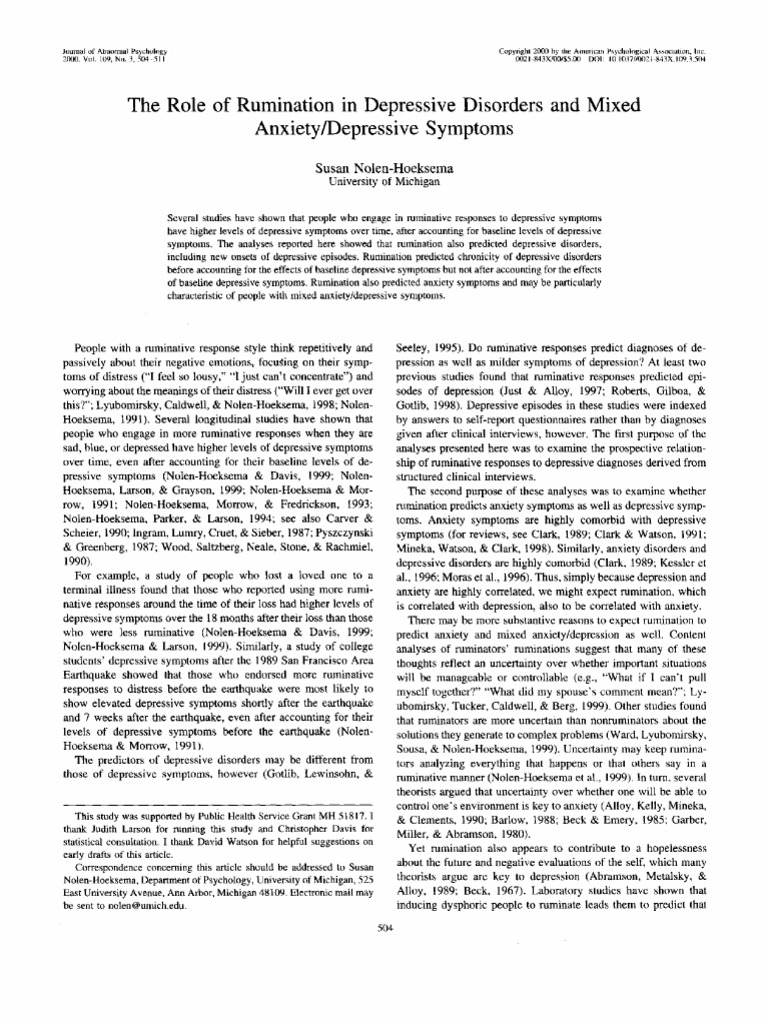 The Role of Rumination in Depressive Dis Major Depressive Disorder