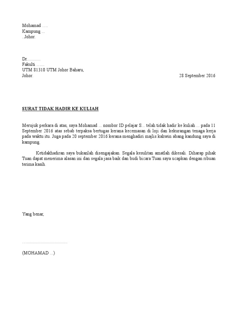 Contoh Surat Pemberitahuan Tidak Hadir Ke Kuliah