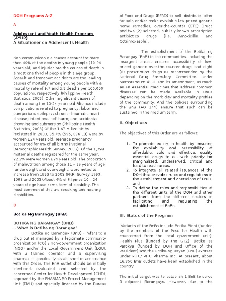Comprehensive DOH Programs Overview | PDF | Influenza Pandemic | Dentistry
