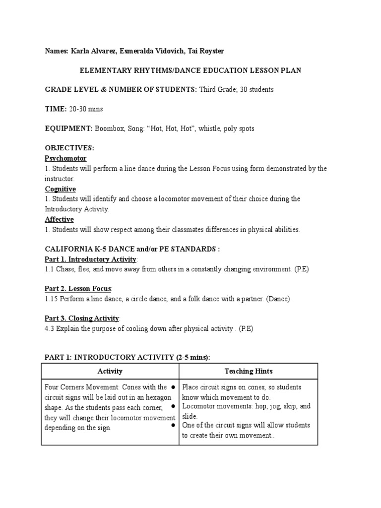 Kin 447 Dance Lesson Plan | PDF | Physical Education | Teaching