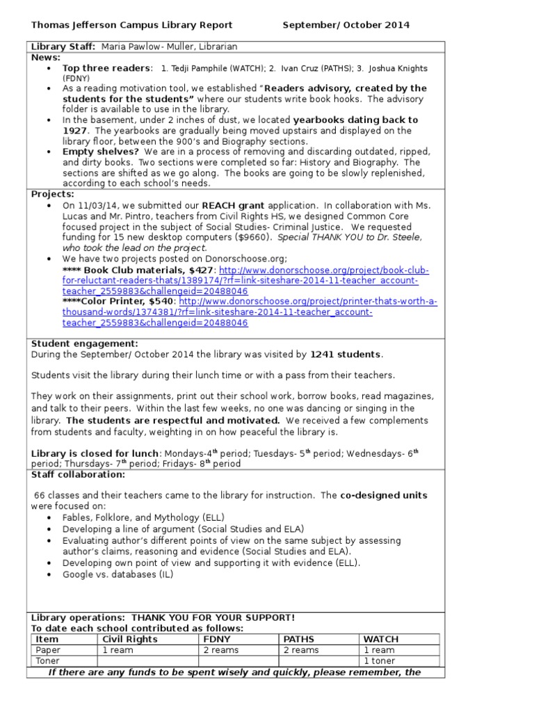 TJ Campus Library Report 09-10 | PDF | Libraries | Library And Museum