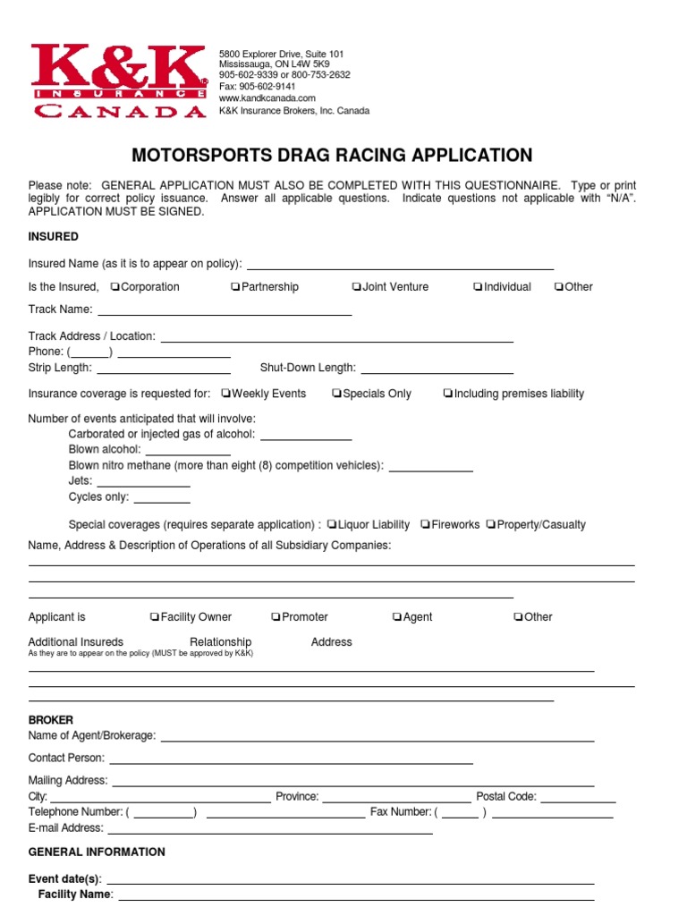 Motorsports Drag Racing Insurance Application | PDF | Deductible ...