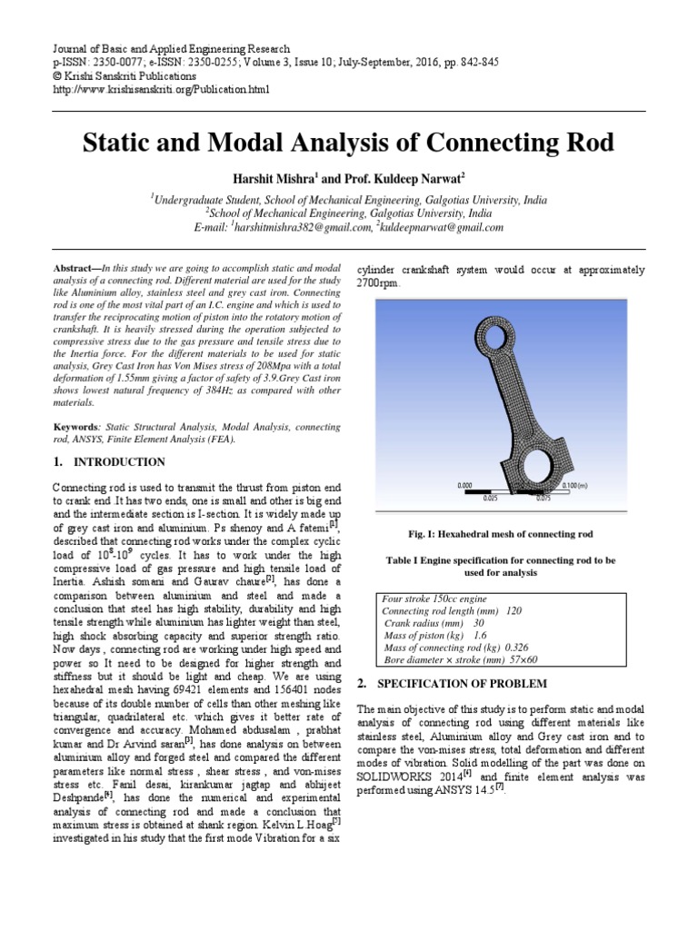 Static and Modal Analysis of Connecting Rod PDF Strength Of Materials Stress (Mechanics)