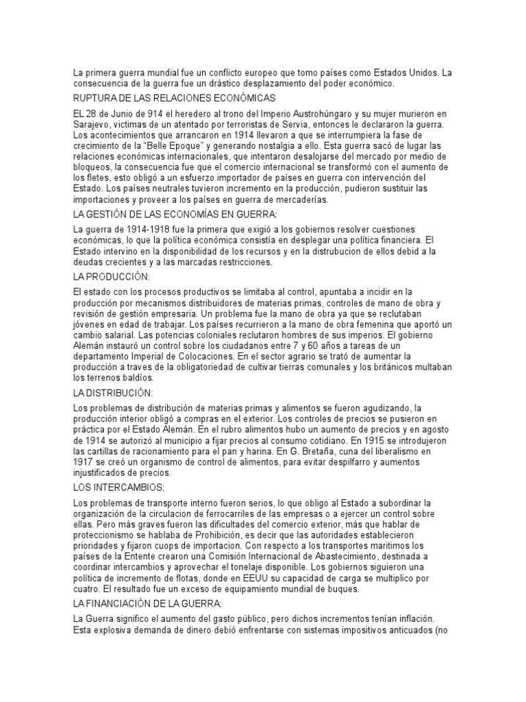 Impacto Económico de la Primera Guerra Mundial | PDF | Primera Guerra ...