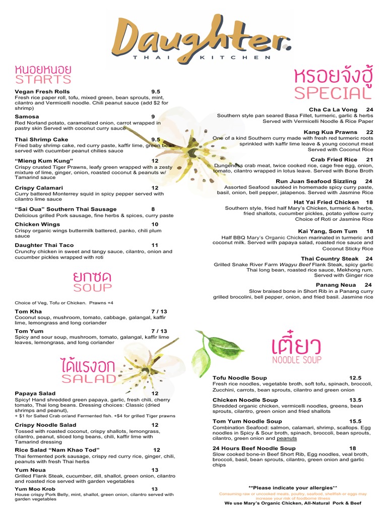Daughter Thai Menu Highlights | PDF | Thai Cuisine | Curry
