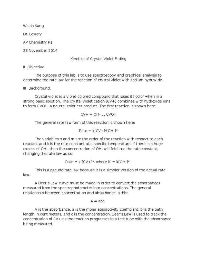 Kinetics of Crystal Violet Fading Lab | PDF | Absorbance | Hydroxide