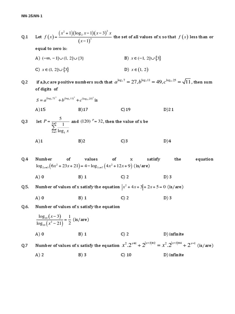 Math Problem Set on Logarithmic Equations | PDF