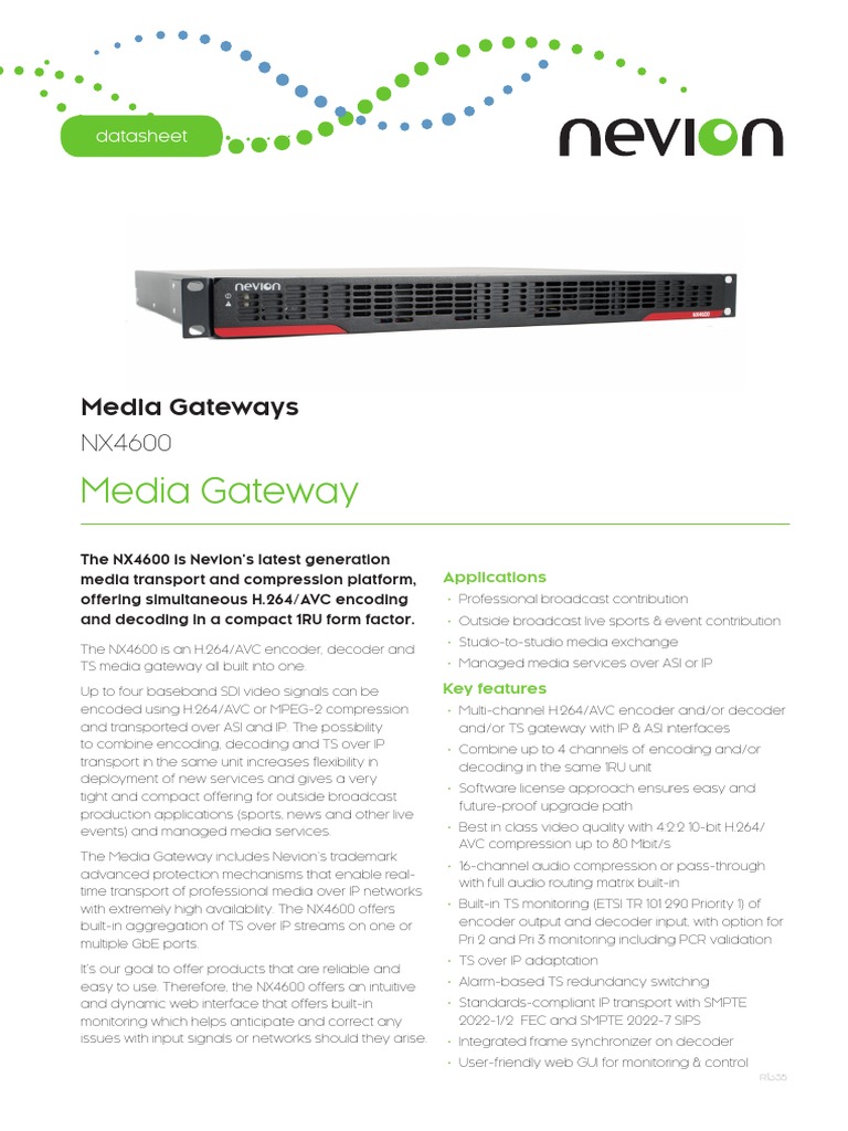 Nevion NX4600 Data Sheet R1635 | PDF | H.264/Mpeg 4 Avc | Codec