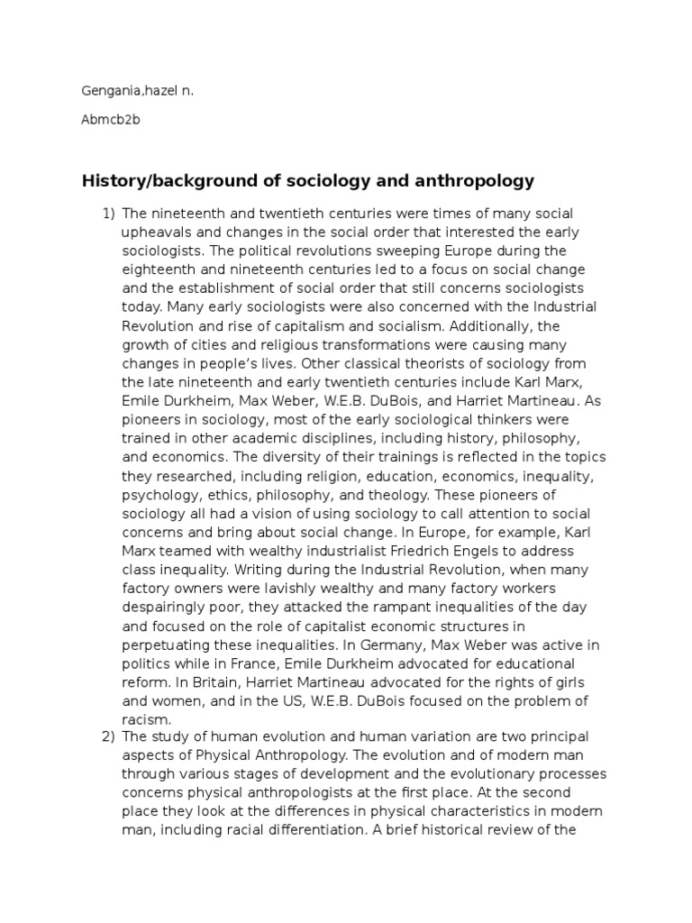 History/background of Sociology and Anthropology Gengania, Hazel N. Abmcb2b PDF Sociology