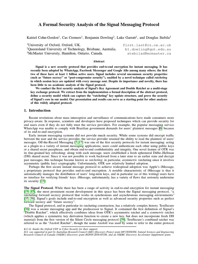 A Formal Security Analysis of The Signal Messaging Protocol | PDF ...