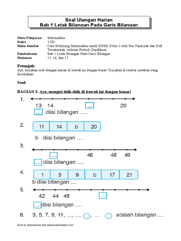 03 Sd Mtk Fajariah Soal Ulangan Harian Bab 01 Letak Bilangan Pada Garis Bilangan