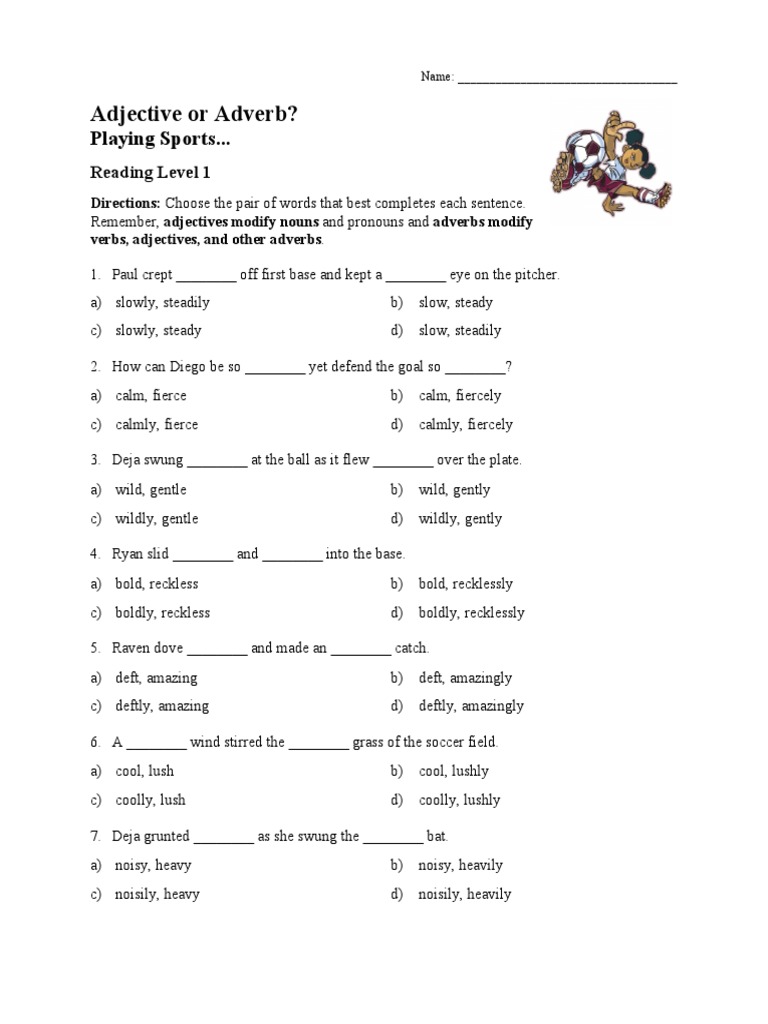 Adjective or Adverb? Playing Sports...Reading Level 1 PDF Adverb