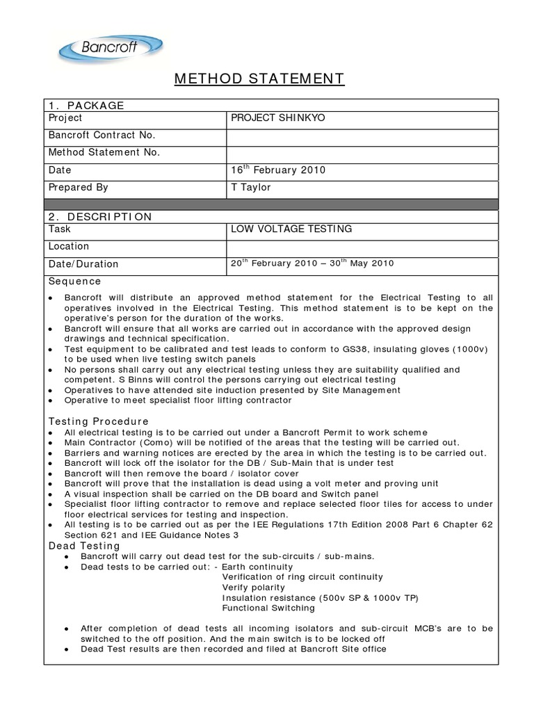 Low Voltage Testing Method Statement | PDF | Switch | Electrical Impedance