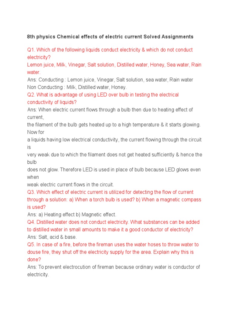 (8th) Chemical Effects of Electric Current Solved Assignments PDF Electrode Corrosion