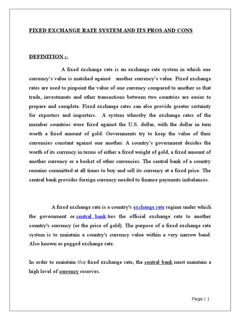 Fixed Exchange Rate System and Its Pros and Cons PDF Fixed Exchange